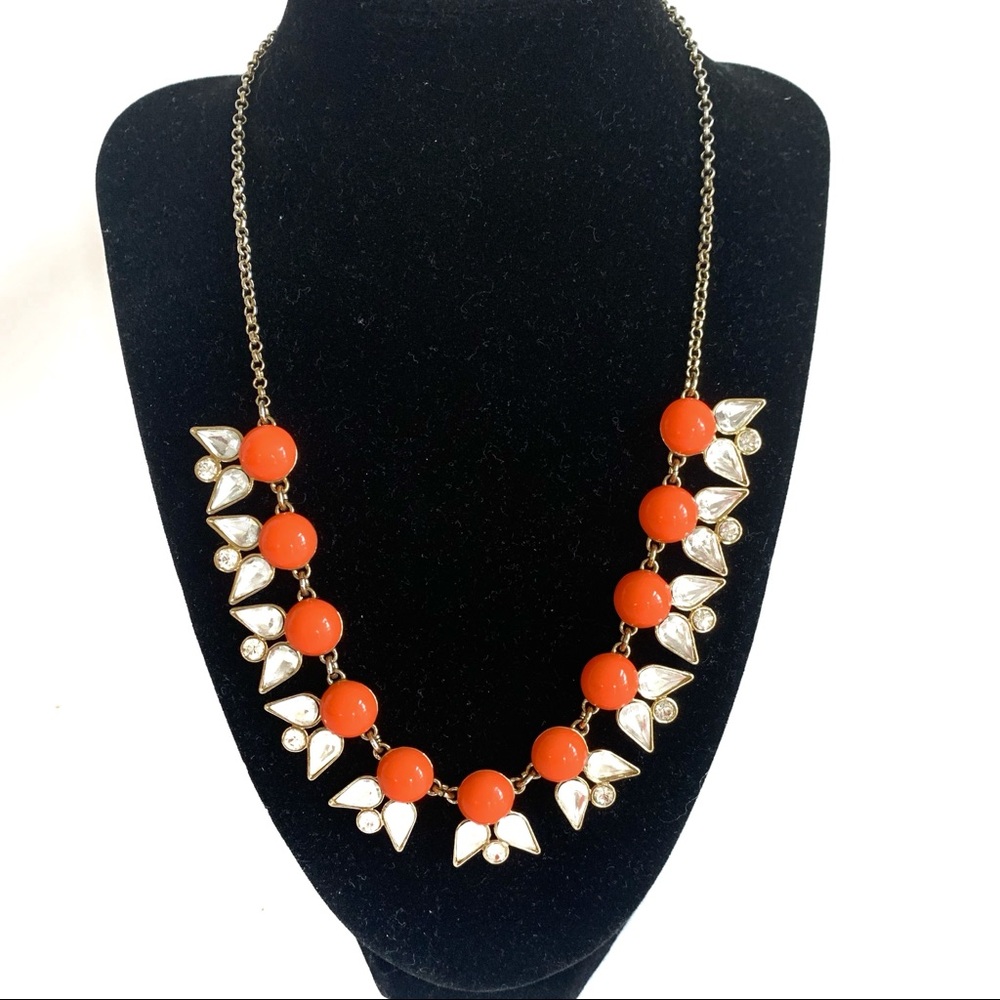 J.Crew Coral Cabochon Crystal Rhinestone Statement Necklace Gold Tone Signed
